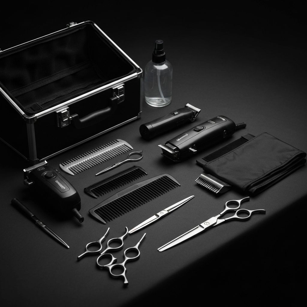 Professional barber tools including clippers trimmers and scissors used by mobile barber