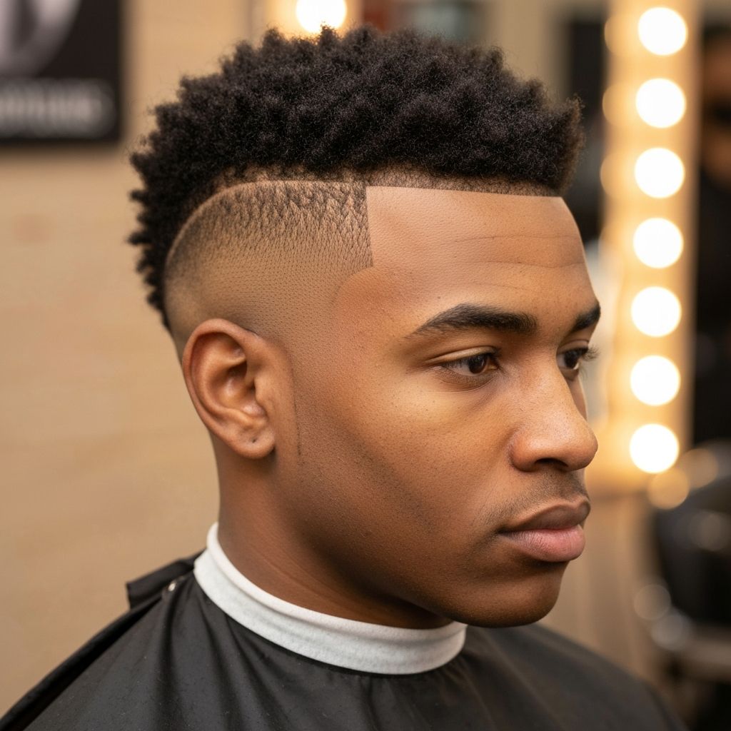 Skin fade bald fade haircut showing sharp transition from clean shaved sides to longer hair on top